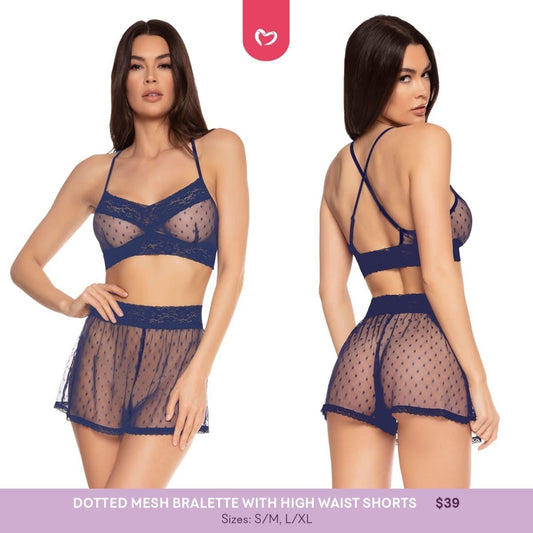 Bralette de malla de lunares con pantalones cortos de cintura alta