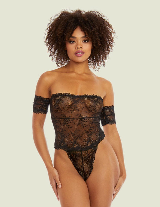 Black - Strapless Lace Bodysuit (High-Leg Bodysuit with Arm Cuffs)