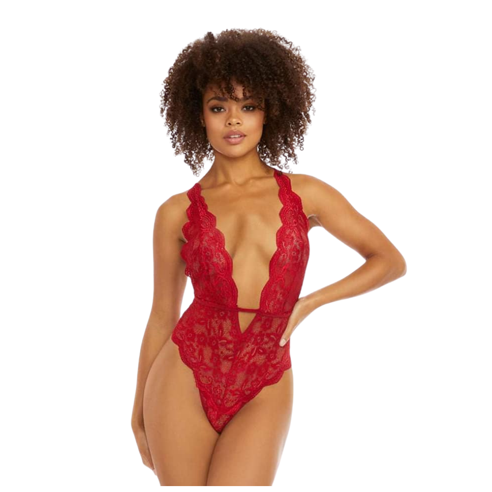 Deep Red Lace Scalloped Teddy