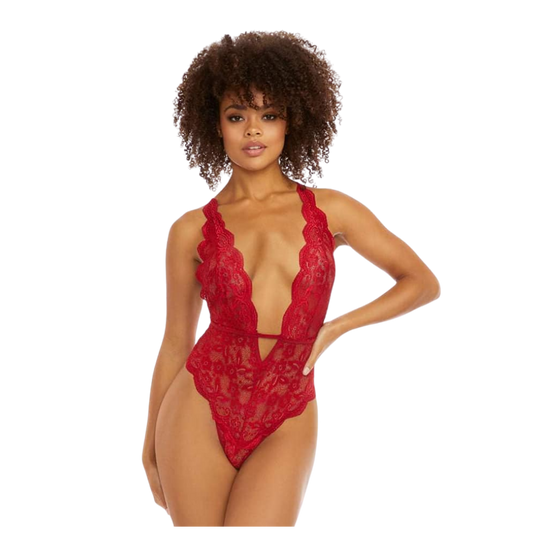 Deep Red Lace Scalloped Teddy